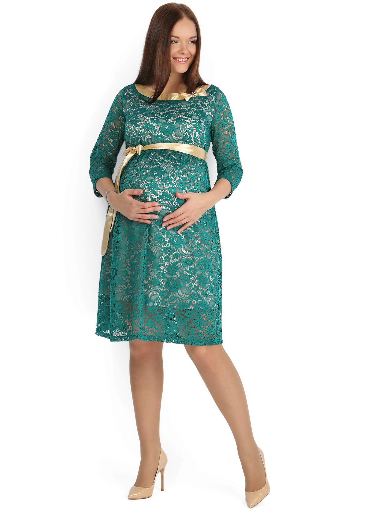 Зеленое платье с гипюром для беременных